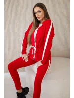 Dámská bavlněná souprava s proužky a stahovacími lemy červený