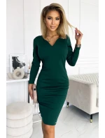 ANGELA - Klasické dámské šaty v lahvově zelené barvě s výstřihem a dlouhými rukávy 403-1