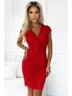 316-9 Krajkové šaty s krátkými rukávy a výstřihem - ČERVENÉ 316-9 Krajkové šaty s krátkými rukávy a výstřihem - ČERVENÉ