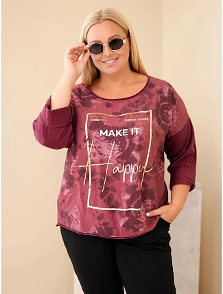 Dámská bavlněná halenka Plus Size s potiskem a výstřihem do U švestková Dámská bavlněná halenka Plus Size s potiskem a výstřihem do U švestková