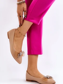 Dámské baleríny s výstřihem do V a ozdobnou mašlí Tmavě béžová Luminous