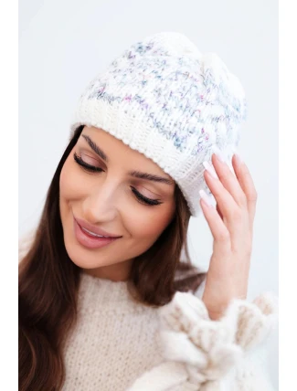 Dámská zimní vlněná čepice s norským vzorem K354 ecru+fialový