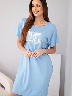 Dámské viskózové šaty s krátkým rukávem a ozdobným potiskem modré