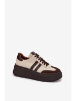 Kožené dámské tenisky na platformě Zazoo 3775 béžově-čokoládové