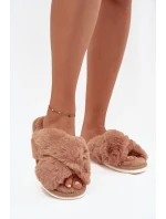 Dámské pantofle s kožíškem a proplétanými pásky Quenelle – camel