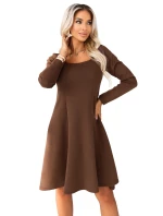 574-2 IVANA pohodlné trapézové šaty s výstřihem a dlouhými rukávy - čokoládové