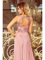 LEA - Dlouhé dámské šaty v barvě taupe bez rukávů, s vyšívaným výstřihem 215-5