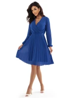313-18 ISABELLE Elegantní plisované šaty s výstřihem a dlouhými rukávy - chrpově modré