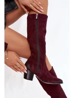 Kožené semišové kozačky na podpatku s přezkou Vyhřívané Zazoo 70156 Bordó