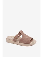 Semišové dámské pantofle na platformě se zlatou přezkou tmavě béžové Zemela