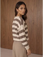 Dámský oversize kardigan s pruhy v barvě fango-béžové, FashionStreet MY2610 Dámský oversize kardigan s pruhy v barvě fango-béžové, FashionStreet MY2610