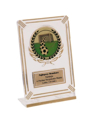 Plastová trofej - transparentní zlatá s prostorem pro 50mm vložku a plaketu o rozměrech 50 mmX20 mm T-M