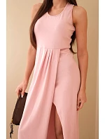 Dámské bavlněné midi šaty bez rukávů s řasením světle pudrově růžové