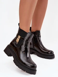Lakované kotníkové boty s vyhříváním se zlatým detailem černé Talyra