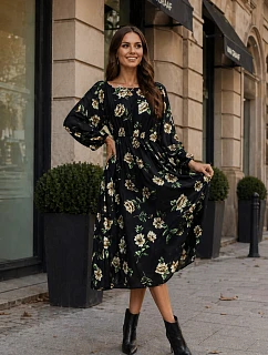 Květinové kimono šaty s kulatým výstřihem Ann Gissy černá/béžová (XY202116)