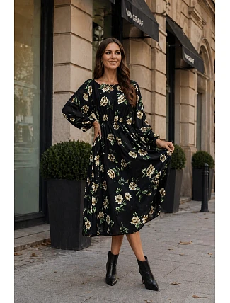 Květinové kimono šaty s kulatým výstřihem Ann Gissy černá/béžová (XY202116)