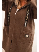 Dámský plášť Plus Size z umělé beránkové látky s kapucí a kapsami camelový