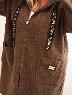 Dámský plášť Plus Size z umělé beránkové látky s kapucí a kapsami camelový