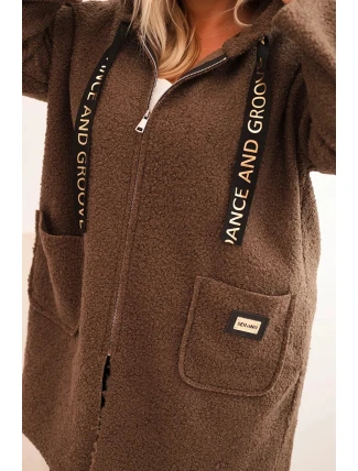 Dámský plášť Plus Size z umělé beránkové látky s kapucí a kapsami camelový