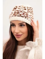 Dámská zimní čepice s barevným vláknem a silným lemem K355 ecru+cappuccino+rudy