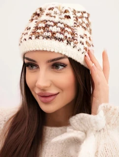 Dámská zimní čepice s barevným vláknem a silným lemem K355 ecru+cappuccino+rudy