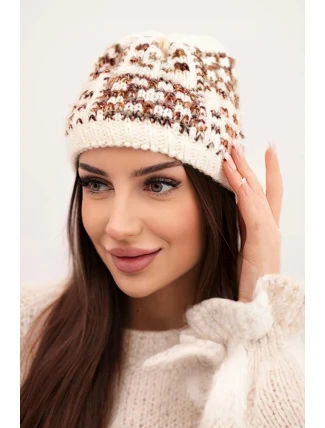 Dámská zimní čepice s barevným vláknem a silným lemem K355 ecru+cappuccino+rudy