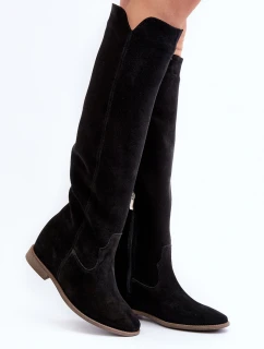 Zazoo 3407 Zamszové Kozáky po Kolena na Ploché Podrážce Černé