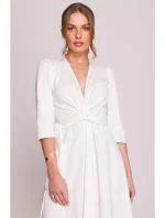 S404 Úpletové šaty s vázacím páskem - ecru barva