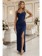 647-2 Přiléhavé dlouhé maxi šaty s obálkovým výstřihem a rozparkem - tmavě modré