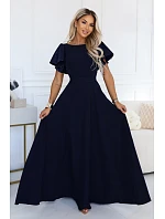 694-4 MIRELLA Elegantní maxišaty s rozšiřujícím se střihem a flitrovými rukávy – tmavě modré 694-4 MIRELLA Elegantní maxišaty s rozšiřujícím se střihem a flitrovými rukávy – tmavě modré