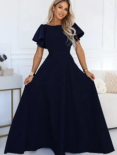 694-4 MIRELLA Elegantní maxišaty s rozšiřujícím se střihem a flitrovými rukávy – tmavě modré