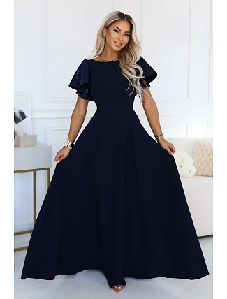 694-4 MIRELLA Elegantní maxišaty s rozšiřujícím se střihem a flitrovými rukávy – tmavě modré 694-4 MIRELLA Elegantní maxišaty s rozšiřujícím se střihem a flitrovými rukávy – tmavě modré