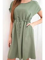 Dámské šaty s krátkým rukávem a vázáním v pase khaki