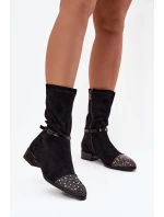 Dámské kotníkové boty na nízkém podpatku s ozdobou a páskem D&A MR52-165 Černé