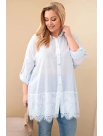 Dámská košile Plus Size bavlněná s krajkovým lemem modrá