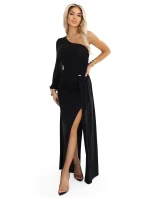 658-1 Třpytivé maxi šaty na jedno rameno s asymetrickými rukávy a rozparkem - černé
