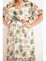 Dámské šaty plus size s květinovým vzorem a zavazováním khaki