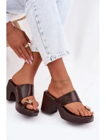 Dámské Pantofle na Podpatku se Zlatým Detalem Čokoládové Sinora