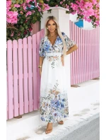 613-1 CELINA Vzdušné maxi šaty s obálkovým výstřihem, páskem a květinovým ombre - MODRÉ