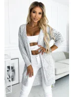 486-1 Cardigan - svetr s prodlouženým zadním dílem s prolamovanými diamanty - GREY