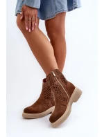 Zazoo Semišové dámské boty na plochých podpatcích, prolamované hnědé