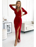 Lesklé červené dlouhé dámské šaty s výstřihem, brokátem a rozparkem na noze 404-7