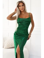 563-3 COSIMA Lesklé, fenomenální šaty s drapérií - ZELENÉ