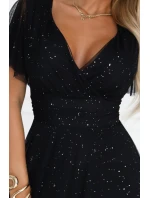 635-2 MELANIA dlouhé lesklé šaty s výstřihem a krátkými rukávy - černé 635-2 MELANIA dlouhé lesklé šaty s výstřihem a krátkými rukávy - černé