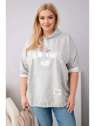 Dámská mikina Plus Size viskózová s kapucí a klokaní kapsou šedý melír