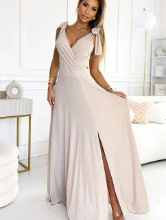 405-6 ELENA Dlouhé šaty s výstřihem a zavazováním na ramenou - béžové s brokátem