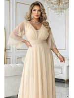 654-2 Dlouhé třpytivé plus size šaty s výstřihem a průhlednými rukávy - šampaňsko-béžové 654-2 Dlouhé třpytivé plus size šaty s výstřihem a průhlednými rukávy - šampaňsko-béžové