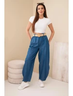 Dámské kalhoty se širokou nohavicí a páskem tmavě džínové