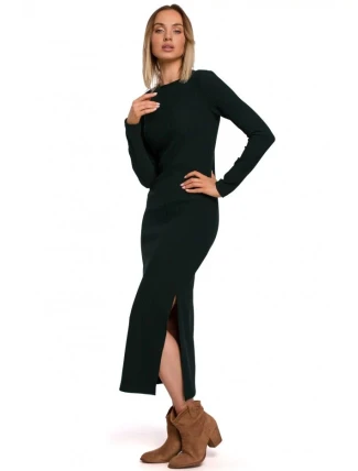 Dámské šaty s rozparkem na boku M544 Tmavě zelená - MOE Dámské šaty s rozparkem na boku M544 Tmavě zelená - MOE