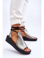 Kožené sandály na klínku Nicole 2743/063 stříbrno-černé